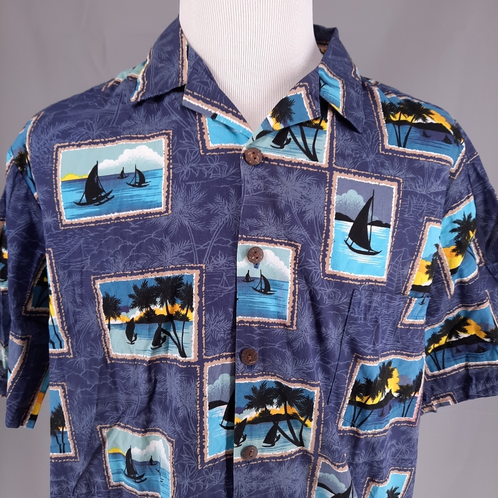 Hilo Hattie Sailboat Blue Hawaiian Camp Shirt Men's Size XL Ocean Windsurfer